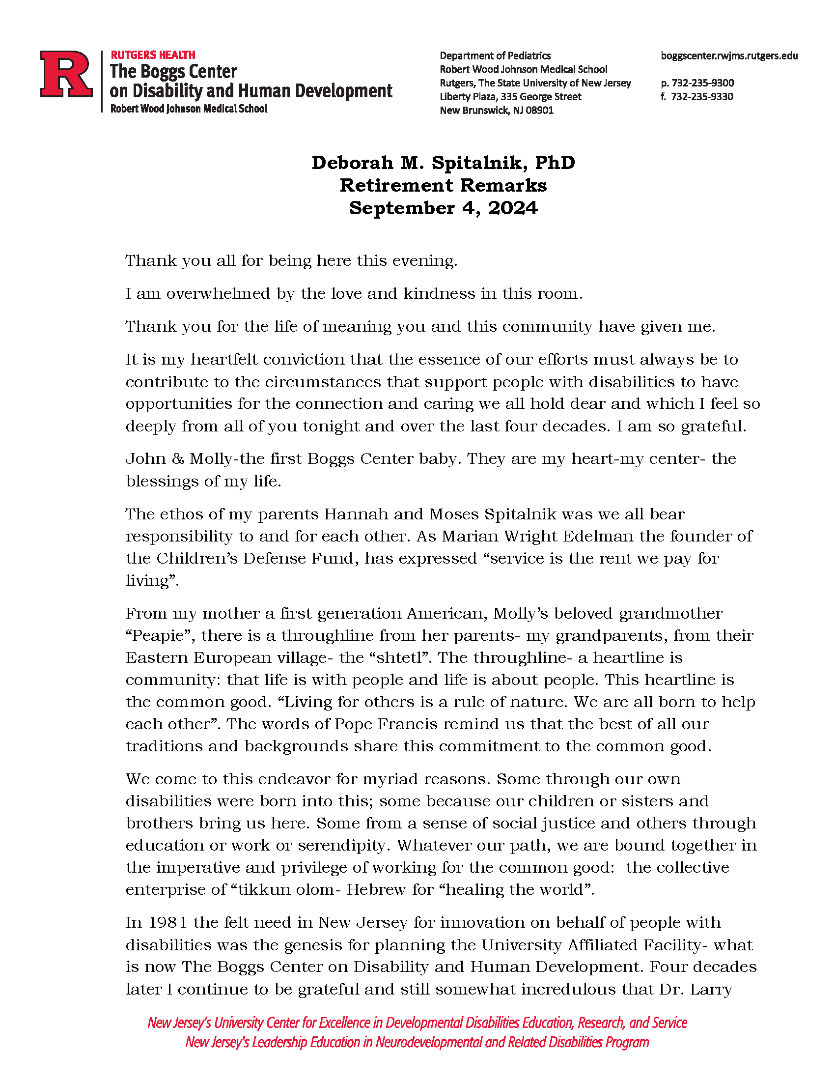 Retirement Remarks by Deborah M. Spitalnik, PhD